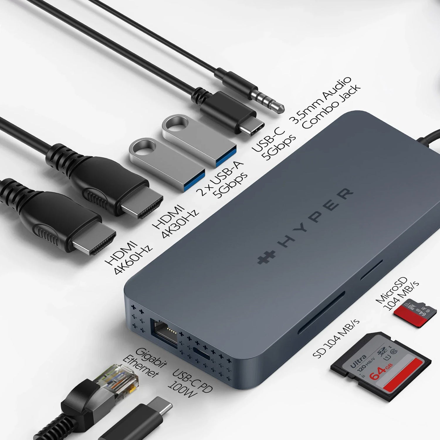 HyperDrive Next Dual 4K HDMI 10 Port USB-C ハブ For M1, M2, and M3 MacBooks
